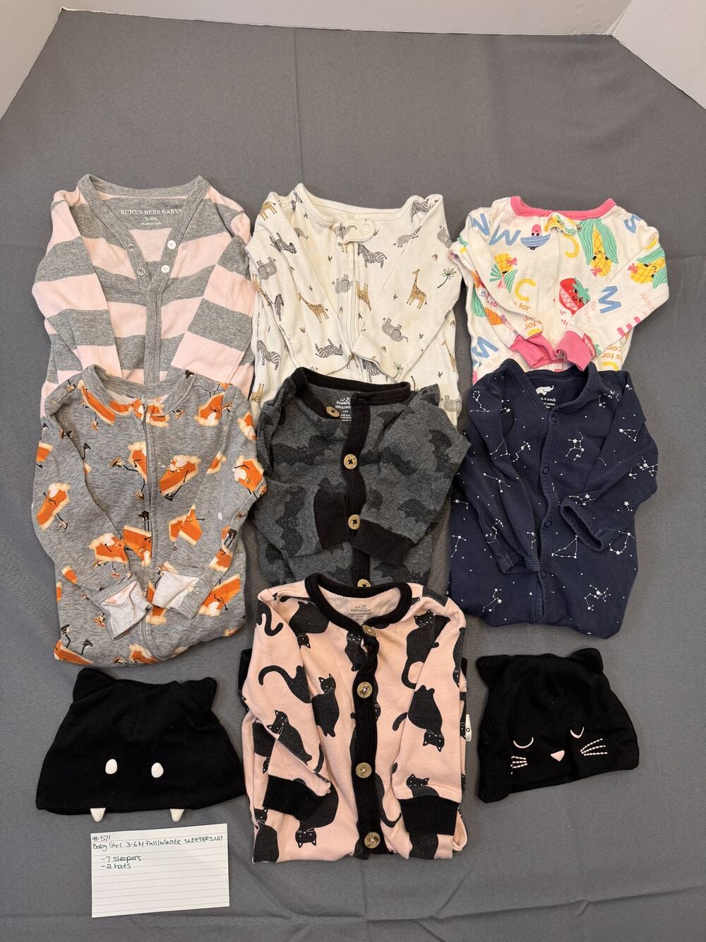 Baby Girl 3-6M Fall/Winter Sleeper Lot - 7 Sleepers + 2 Hats #571